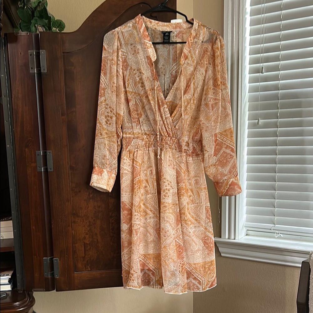Orange Pink Long Sleeve Wrap Sundress
